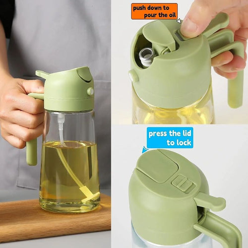 2-in-1 Oil Spray Bottle | Adjustable Mist & Dispenser | 470ml Leak-Proof Glass Container | For Cooking, BBQ, Baking & Air Fryer 380ml (Random Color)